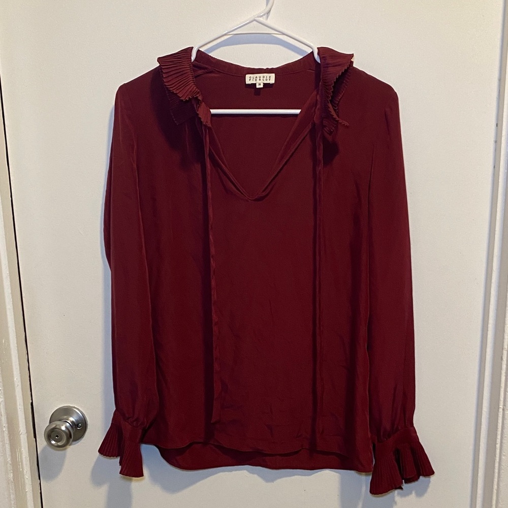 Pleated Collar Tie-Front Blouse in Burgundy